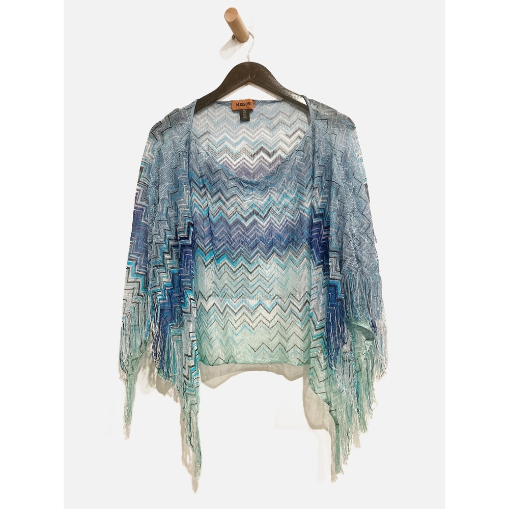 Missoni Blue Zigzag Chevron Knit Fringe Poncho Top - Picture 2 of 9
